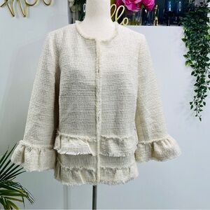 Ann Taylor Tweed Ruffle Blazer Cardigan Jacket Ivory Size 14